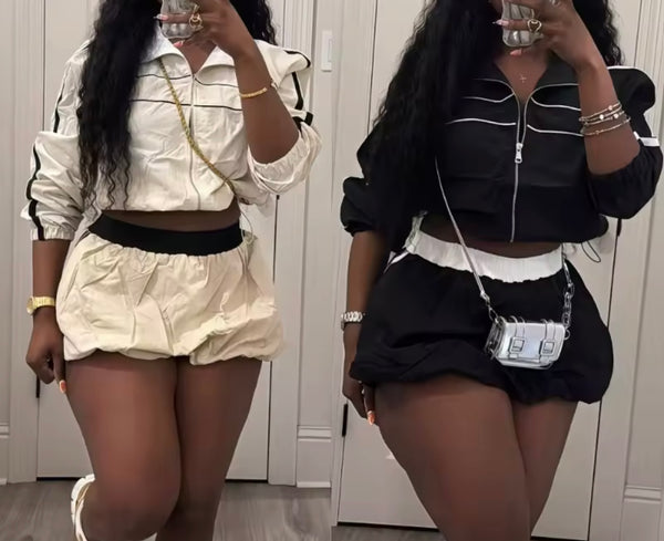 Women Zip Up Color Patchwork Two Piece Bubble Skirt Set
