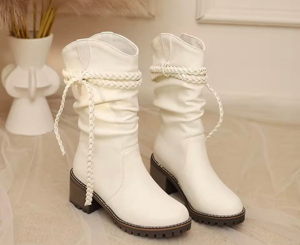 Women Fashion Ruched Rope Faux Leather Ankle Boots