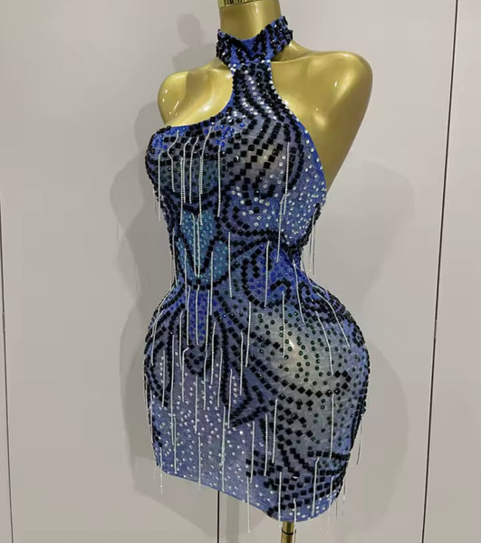 Women Sexy Halter Sleeveless Blue Bling Tassel Mesh Dress