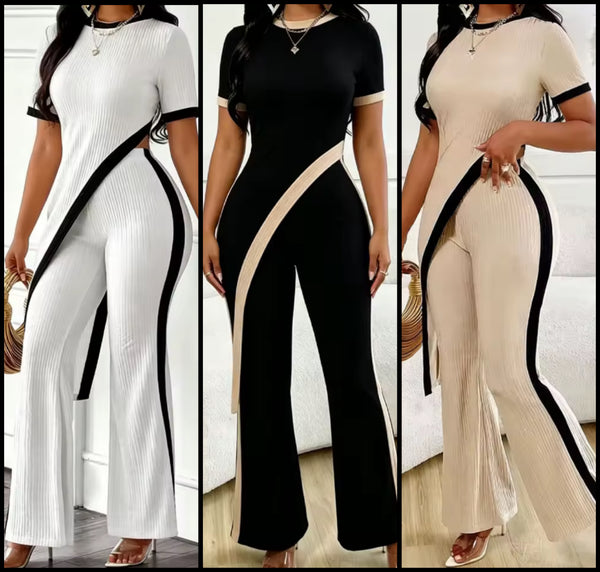 Women Striped Asymmetrical Short Sleeve Two Piece Pant Set