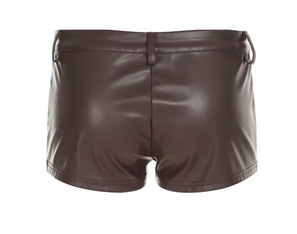 Women Brown Fashion Faux Fur Jacket Two Piece PU Short Set
