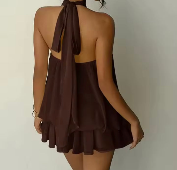 Women Sexy Halter Sleeveless Ruffled Mesh Dress