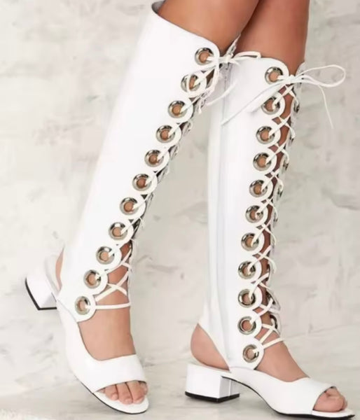 Women White Open Toe Metal Hollow Out Lace Up Knee High Sandals