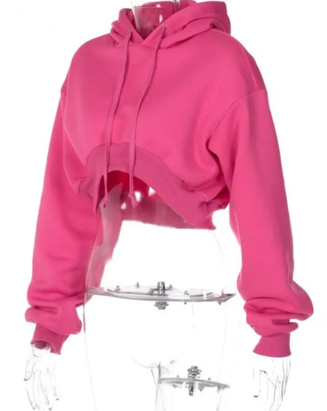 Women Pink Full Sleeve Hooded Crop Sweater Top