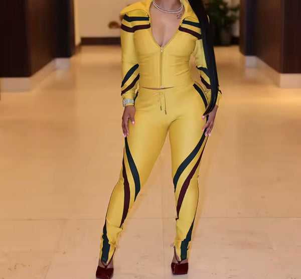 Women Striped Zip Up Full Sleeve Tracksuit Two Piece Pant Set
