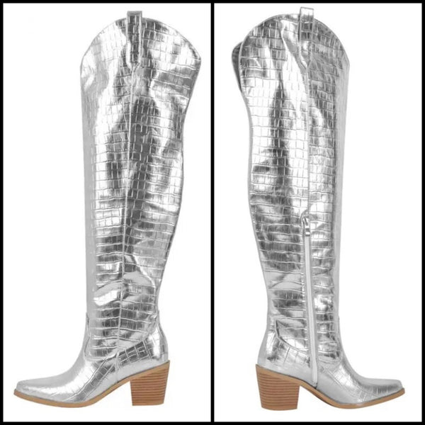 Women Silver Fashion Knee High Western Boots