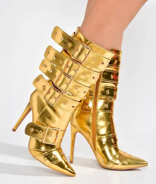 Women Fashion Pointed Toe Buckled Ankle Boots