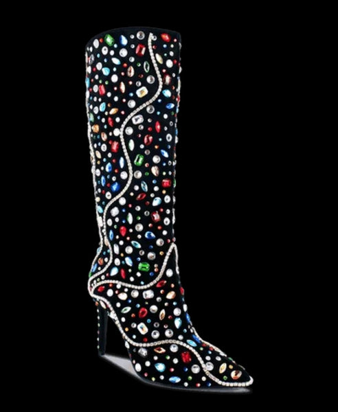 Women Fashion Black Color Crystal Knee High Boots
