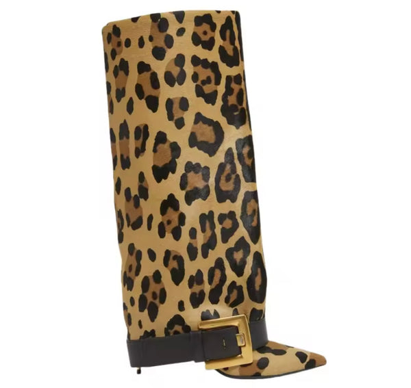Women Fashion Gold Buckled Pointed Toe Knee High Boots