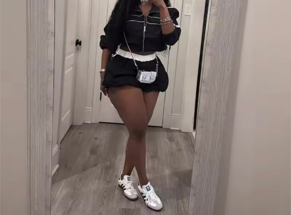 Women Zip Up Color Patchwork Two Piece Bubble Skirt Set