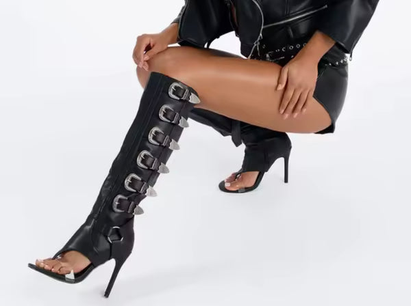 Women Fashion Open Toe Buckled Zip Up Knee High Boots