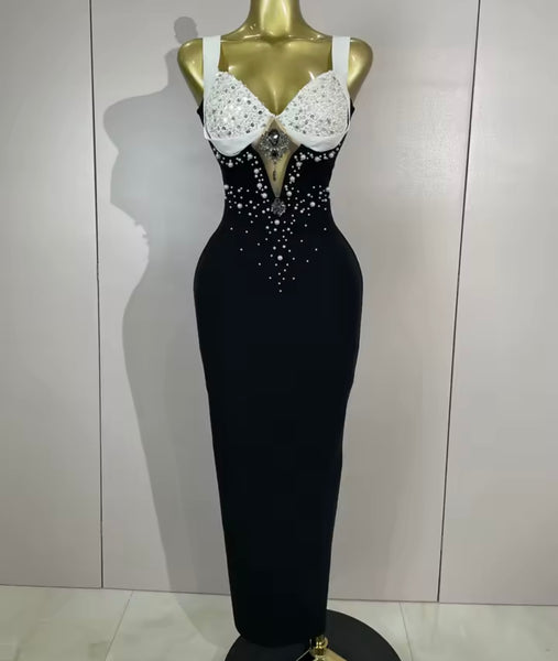 Women Sexy B&W Beaded Bling Sleeveless Maxi Dress