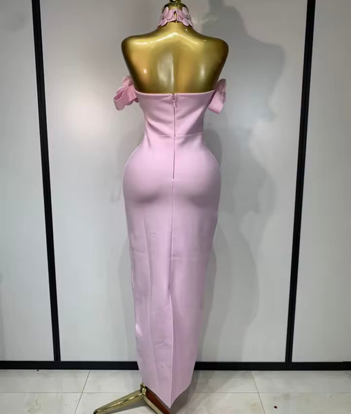 Women Pink Bling Floral Halter Sleeveless Sexy Maxi Dress