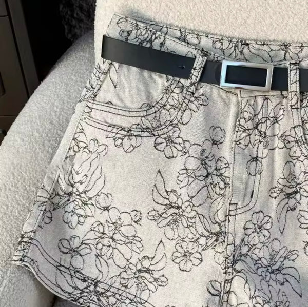 Women Fashion Gray Embroidered Floral Denim Shorts
