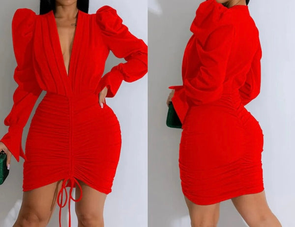 Women Sexy Deep V-Neck Full Sleeve Ruched Drawstring Dress