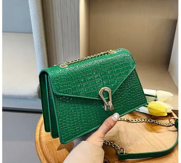 Women Fashion Faux Leather Metal Chain Handbag Purse