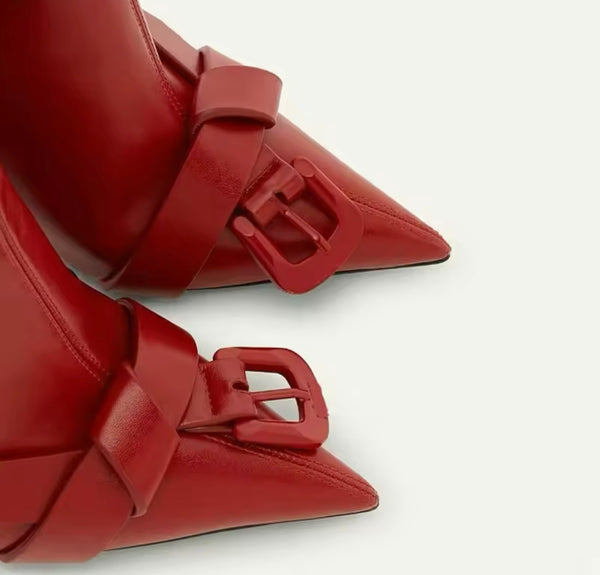Women Buckled Pointed Toe Faux Leather Knee High Boots