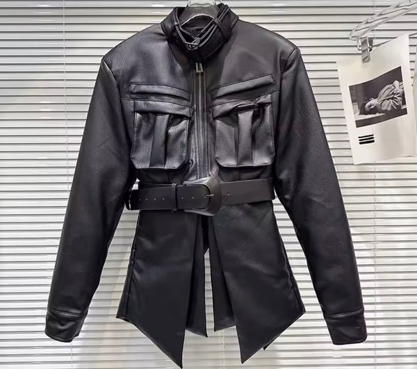 Women Fashion Black Faux Leather Open Back Blazer Jacket