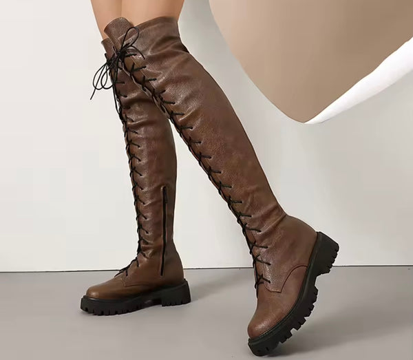 Women Color Fashion Faux Leather Flat Lace Up Knee High Boots