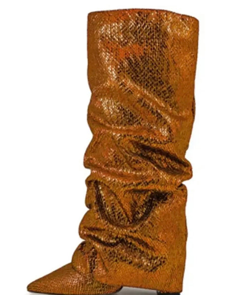 Women Color Ruched Sequins Fashion Knee High Boots