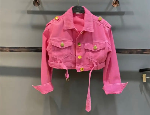 Women Pink Gold Button Belted Fashion Denim Jacket