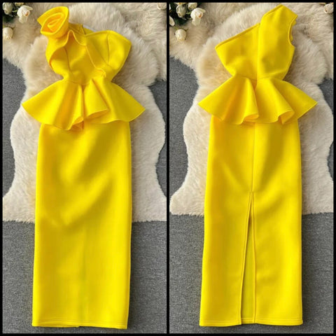 Women Sexy Strapless Floral Yellow Ruffled Maxi Dress