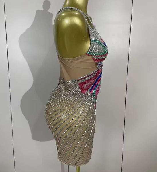 Women Sexy Sleeveless Colorful Rhinestone Mesh Dress