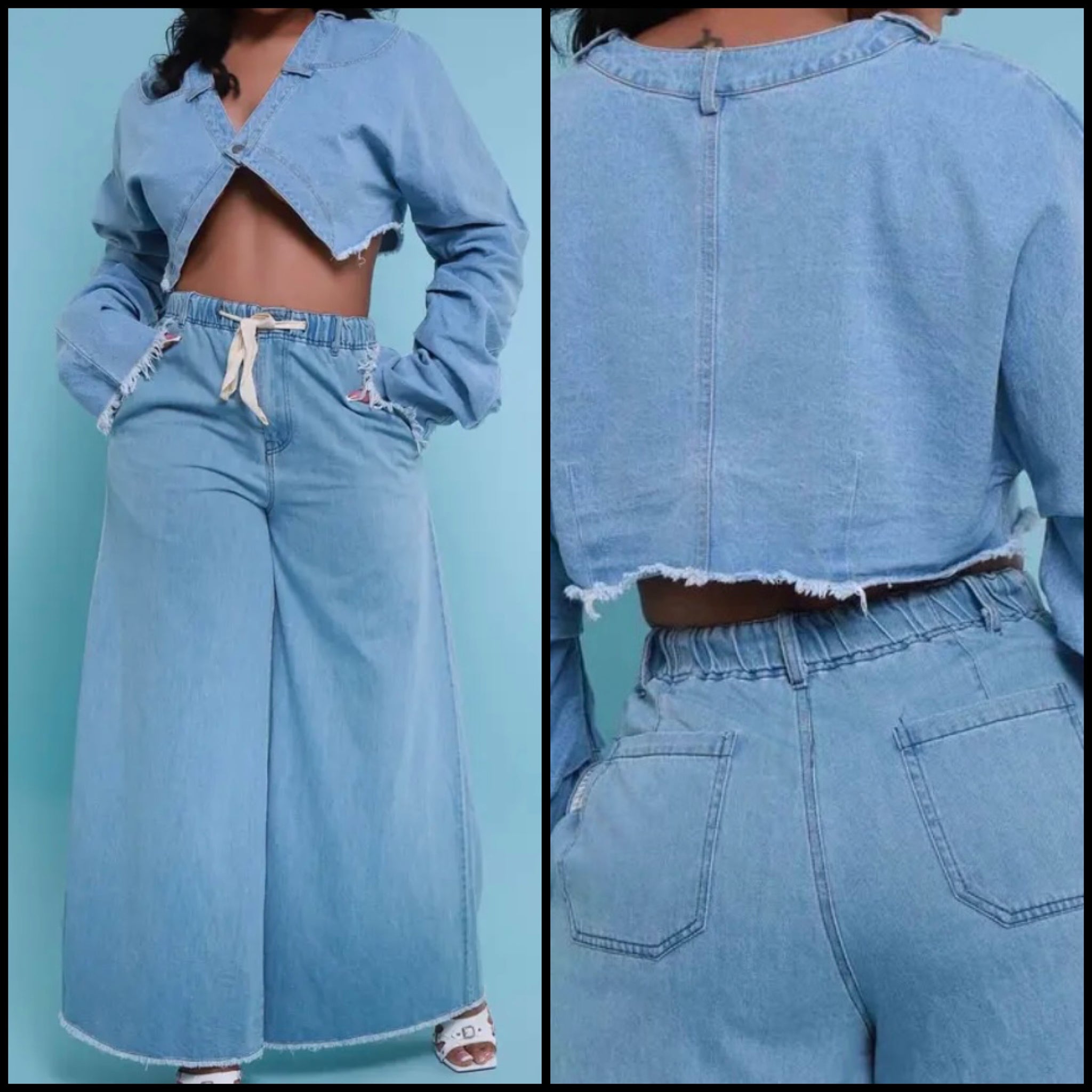 Women Fashion Drawstring Denim Two Piece Pant Set