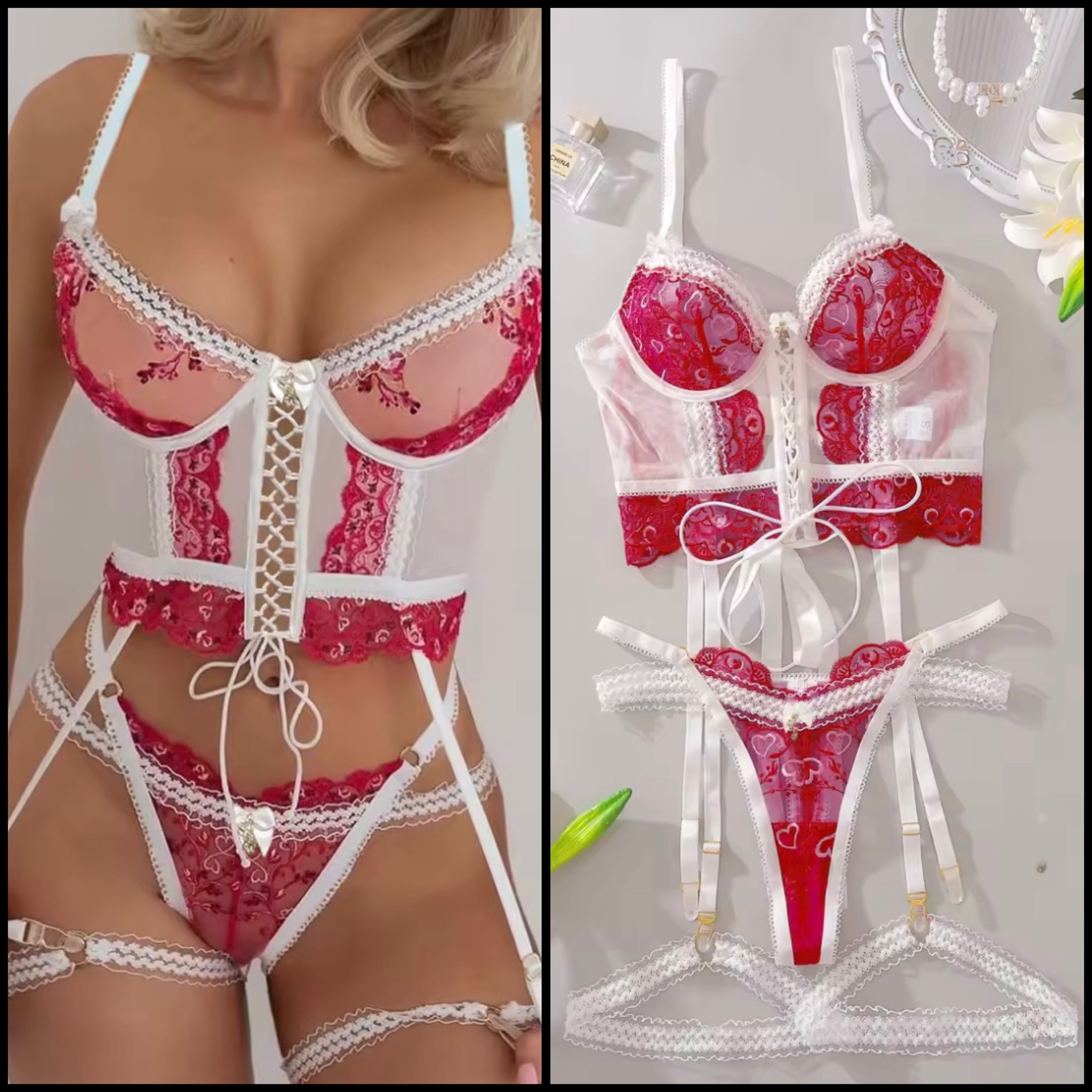 Women Sexy Color Patchwork Lace Up Lingerie Set