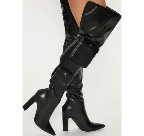 Women Black Faux Leather Pocket Fashion Over The Knee Boots