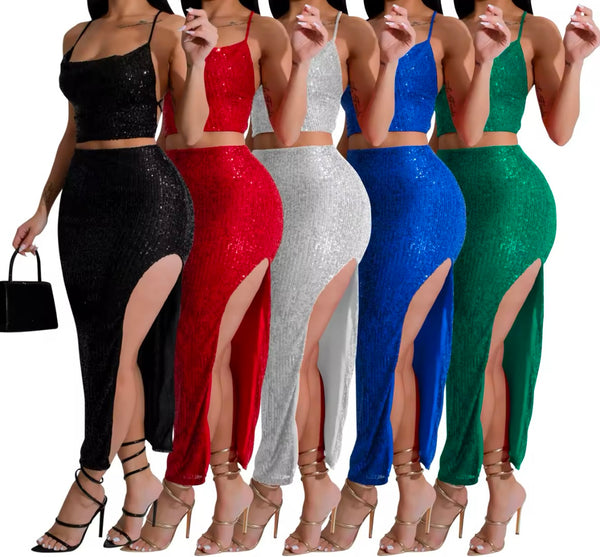 Women Sexy Sleeveless Sequins Open Back Two Piece Maxi Skirt Set