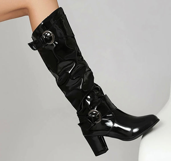 Women Fashion Patent Leather Buckled Knee High Boots