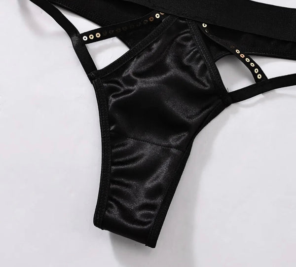 Women Sexy Black Sequins Cut Out Lingerie Set