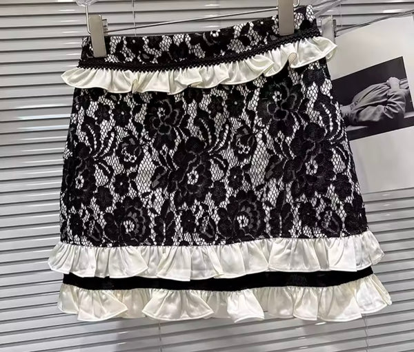 Women B&W Lace Button Up Blazer Two Piece Skirt Set