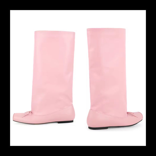 Women Pink Square Toe Bow Fashion Flat Knee High Boots