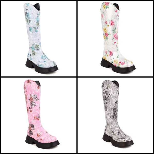 Women Fashion Color Floral Knee High Boots