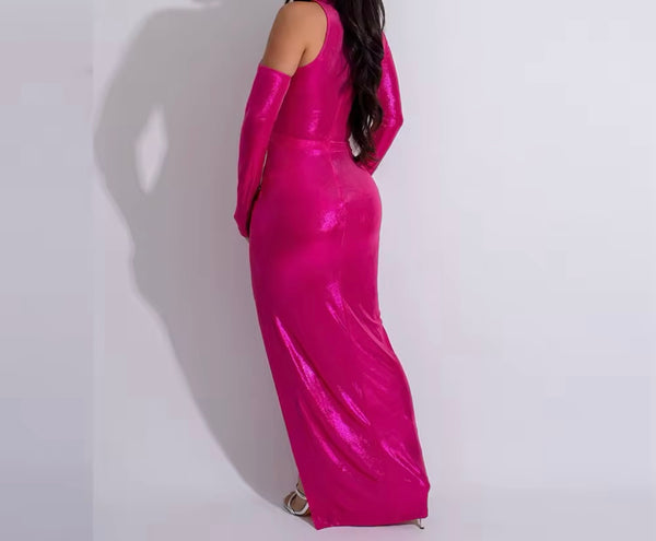 Women Pink Sexy Cut Out Full Sleeve High Split Maxi Dress