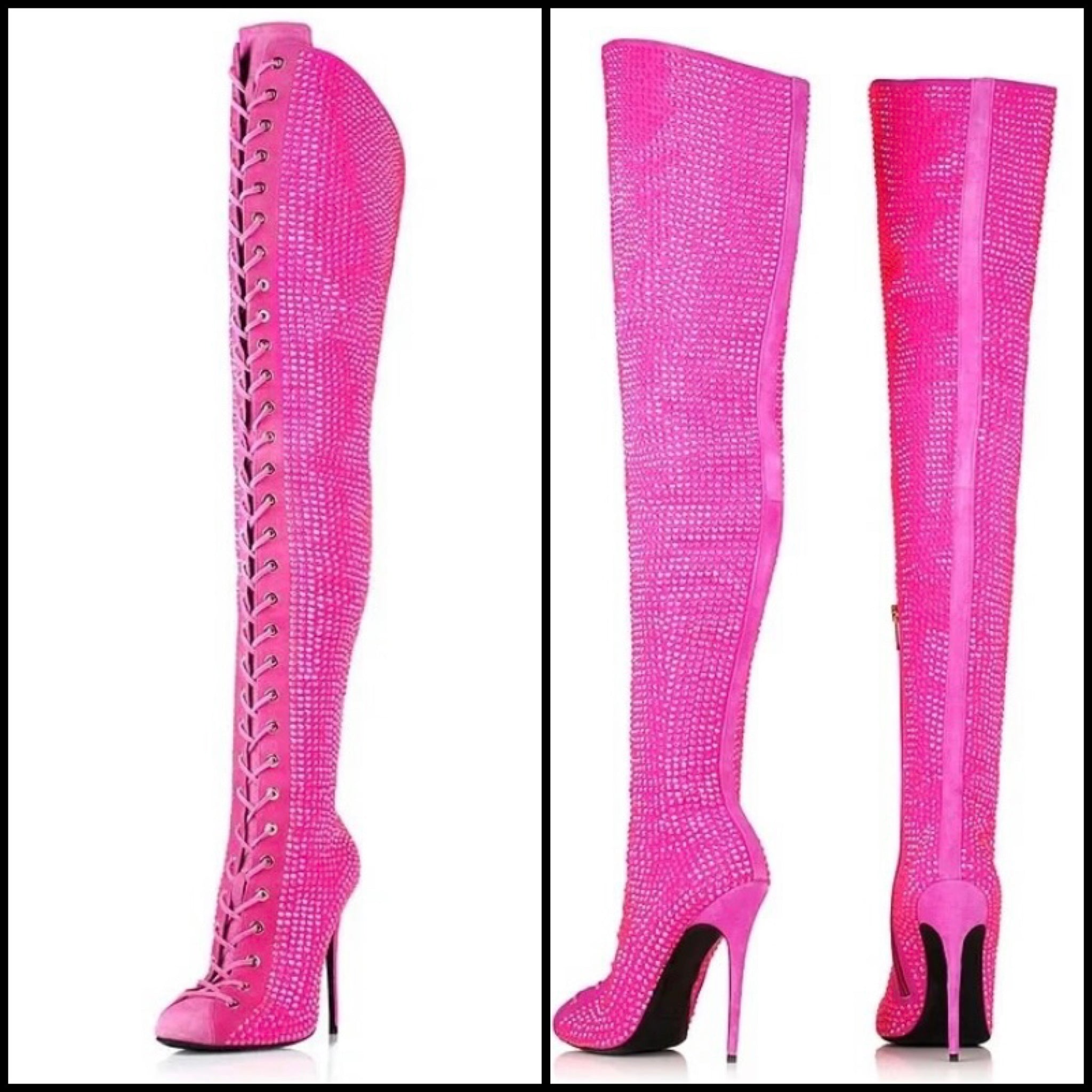 Women Pink Lace Up Rhinestone Fashion Knee High Boots