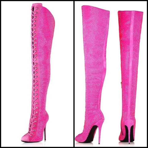 Women Pink Lace Up Rhinestone Fashion Knee High Boots