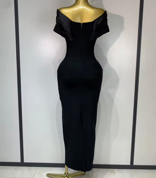 Women Off The Shoulder Floral Rhinestone Black Maxi Dress