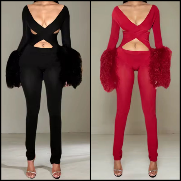 Women Sexy Fur Full Sleeve Cut Out Jumpsuit