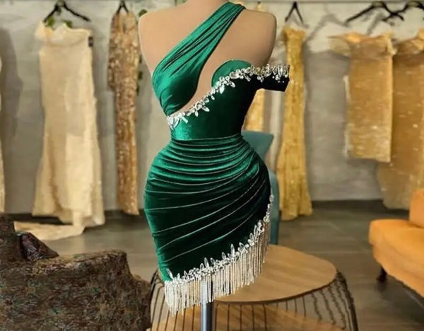 Women Sexy Green One Shoulder Rhinestone Tassel Dress