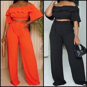 Women Sexy Ruffled Off The Shoulder Short Sleeve Two Piece Pant Set