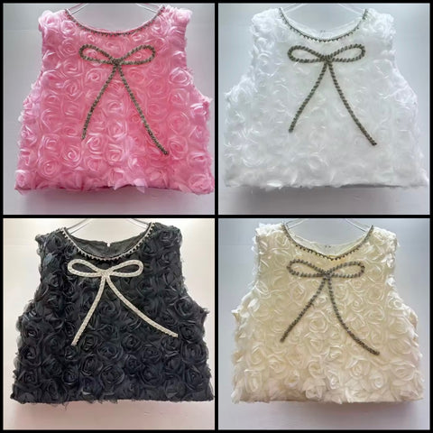 Women Sleeveless 3D Rose Bling Bow Crop Top