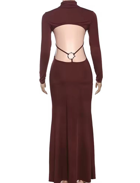 Women Sexy Brown Full Sleeve Open Back Maxi Dress