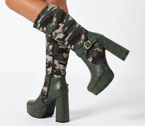 Women Color Camouflage Buckle Knee High Boots