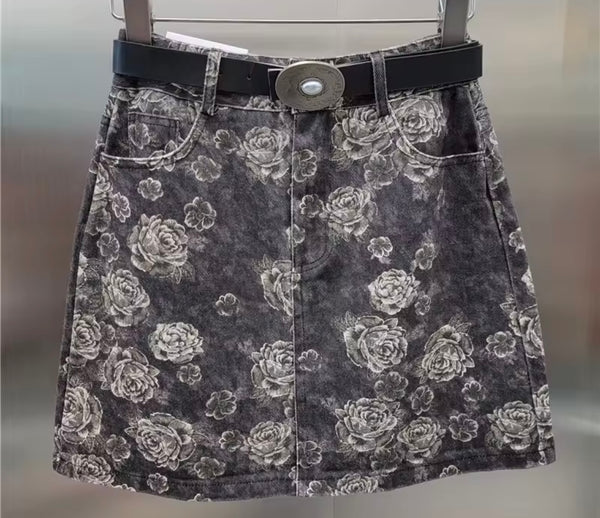 Women Fashion Color Patchwork Floral Denim Skirt