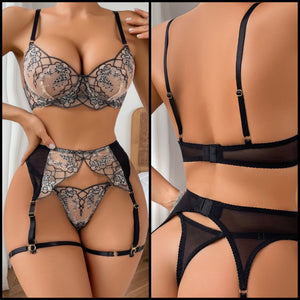 Women Sexy Black Lace Mesh Thong Lingerie Set