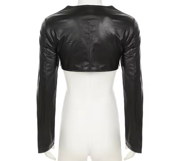 Women Fashion Black Rivet Full Sleeve Faux Leather Crop Top