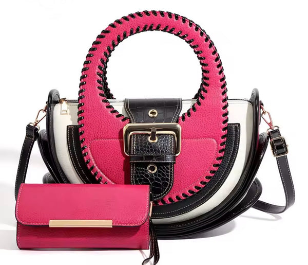 Women Fashion Color Patchwork Buckled Leather Wallet Purse Set